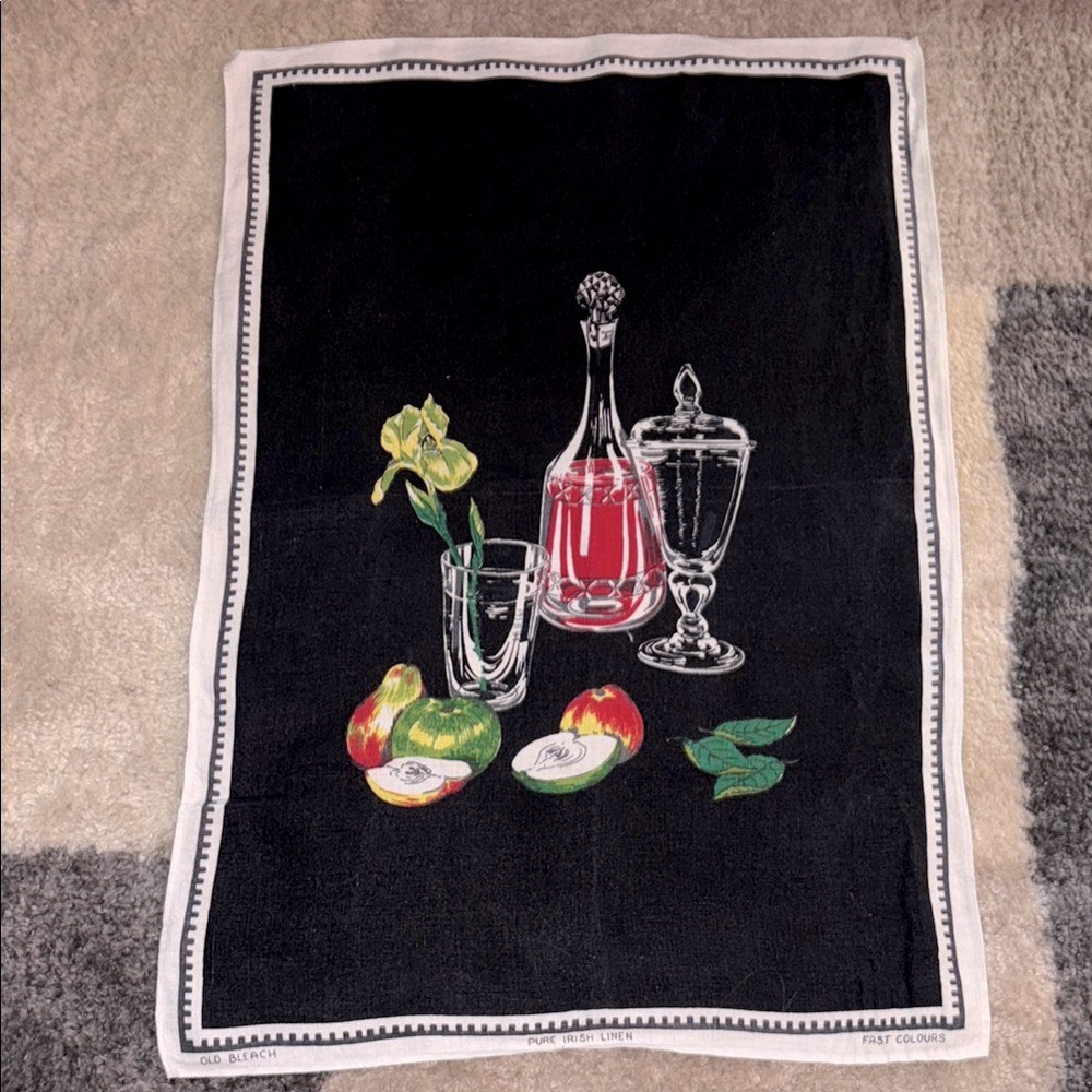 Black Decorative Tea Towel with Fruit and Glassware Design. Vintage Irish Linen